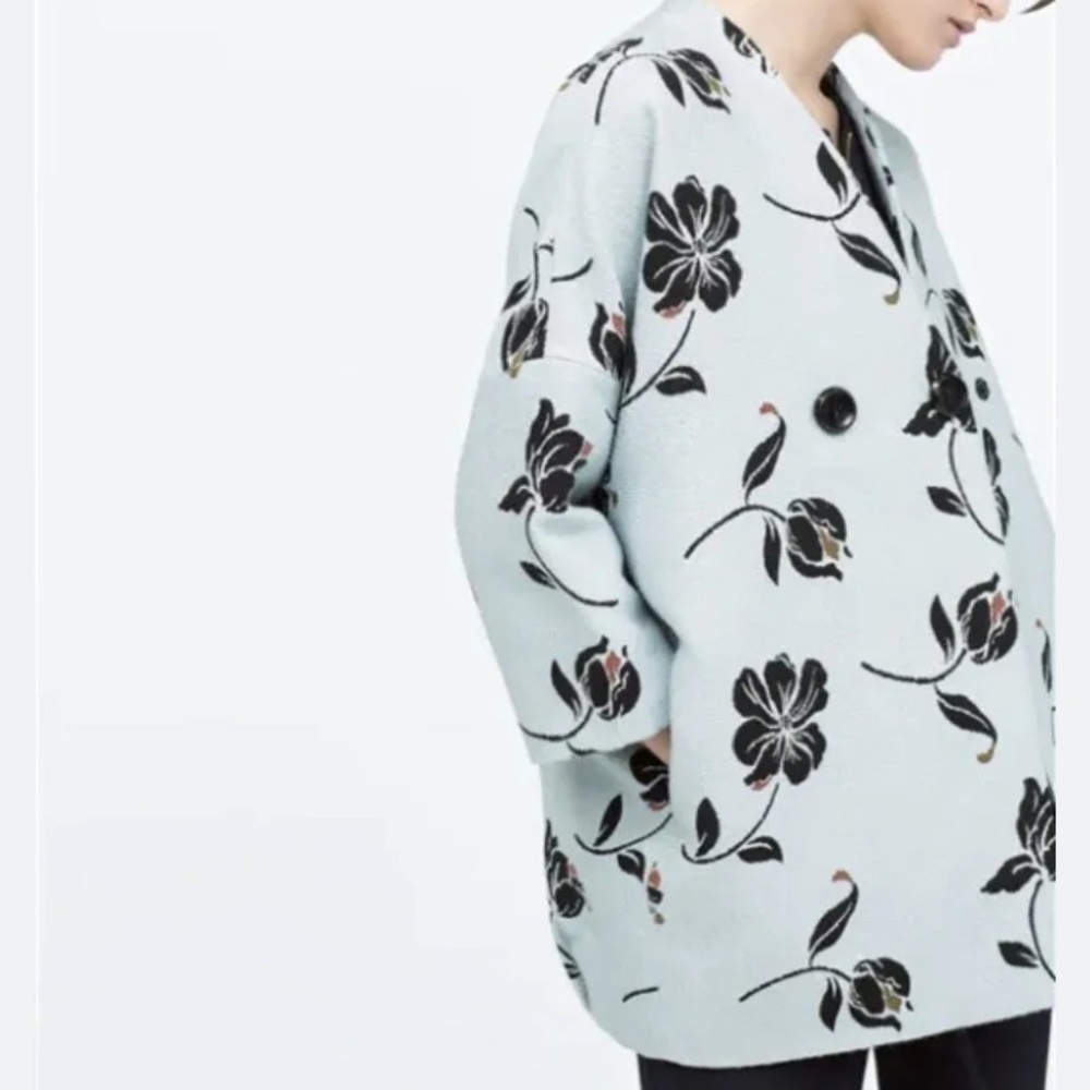 Zara blue floral print kimono jacquard jacket coat small